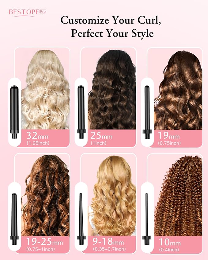 Long Barrel Curling Iron Wand Set, BESTOPE PRO 6 in 1 Curling Wand Set with Ceramic Barrel for Long/Medium Hair, 0.35"-1.25" Interchangeable Hair Wand Curler, Dual Volts, Include Glove & Clips - Black