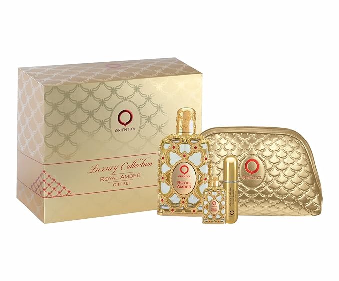 Orientica Al Haramain Royal Amber 4-Piece Set for Unisex, (2.7 Oz Eau De Parfum Spray + 0.34 Oz Eau De Parfum Travel Spray + Atomizer + Bag) Luxury Collection