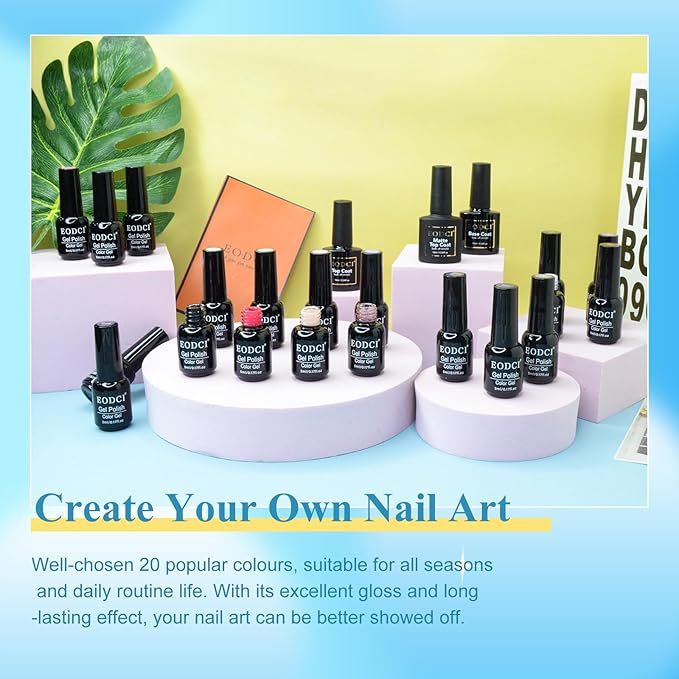 Gel Polish Nail Set 20 Colors with 3Pcs Glossy & Matte Top Coat and Base Coat, Daek Colour Purple Nude Gray Pink Grey Glitter Black Sparkle Glitters Colorful Gel Polish Set For Valentine's Gifts