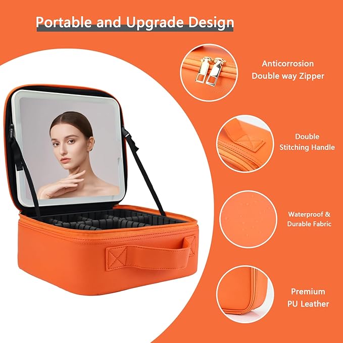 Travel Makeup Bag with LED Lighted Mirror,Travel Makeup Organizer, Makeup Bag with 3 Color Lighted Setting, Portable Storage and Adjustable Dividers Makeup Box(Orange)