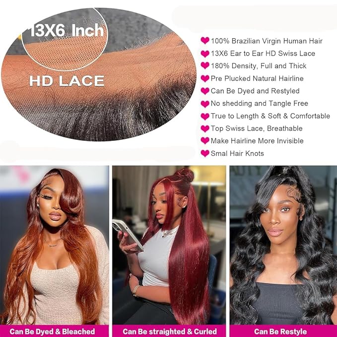 13x6 Reddish Brown Lace Front Wigs Human Hair HD Lace Front Wigs Human Hair 180 Density Body Wave Frontal Wigs Human Hair with Baby Hair Colored Glueless Wigs 34Inch