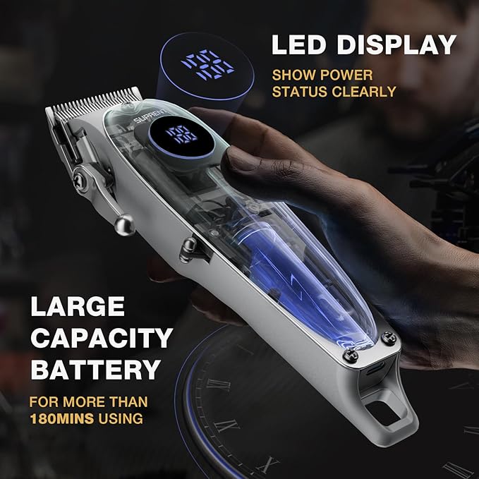 SUPRENT Professional Rechargeable Hair Clipper-Hair Clippers for Men, Cordless Hair Cutting Kit with LED Display (Silver)