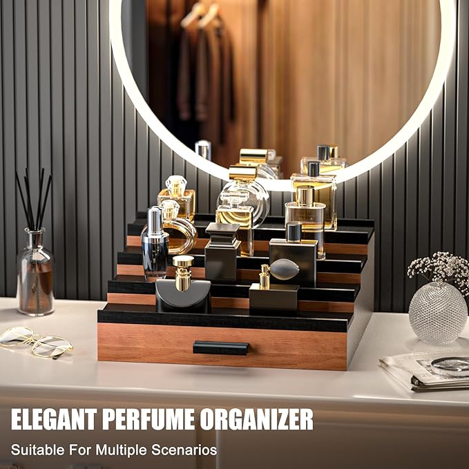 Sephyroth Cologne Organizer for Men – 4 Tier Perfume Display with Hidden Storage & Drawer, Elegant Perfume Storage Box, Durable Craftsmanship, Great Gift for Man (WalnutBlack)