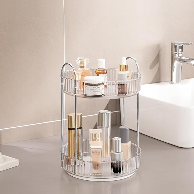 360 Rotating Makeup Organizer Countertop Clear 2 Tier Bathroom Organizer Spinning Perfume Organizers, Skincare Organizers Makeup Carousel with Silver Handle Cosmetic Brush Storage