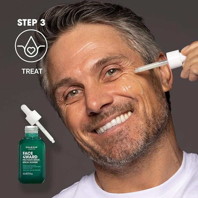 Mens Skincare Routine with Free Wash Bag, including Daily Face Wash, Clarifying Toner, Anti-Ageing Serum, Daily Moisturiser, plus Wash Bag. Aka. SHAKEUP FACE 4WARD DELUXE KIT