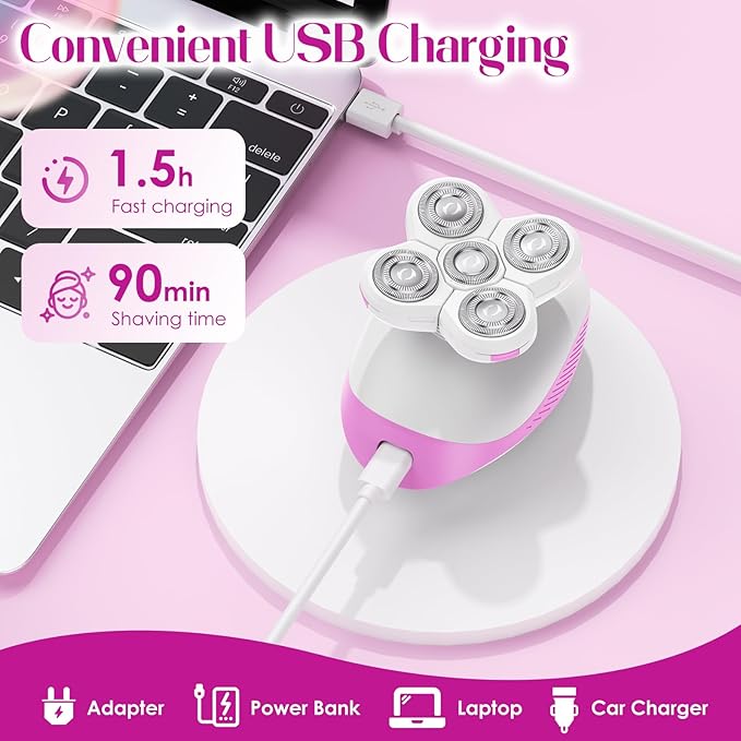 Electric Razors for Women, Wet/Dry Rechargeable Rotary Shaver for Legs, Cordless Electric Razor Hair Remover Anti-Slip Lady Trimmer for Women's Leg, Hand, Bikini and Face Sensitive Skin（Pink）