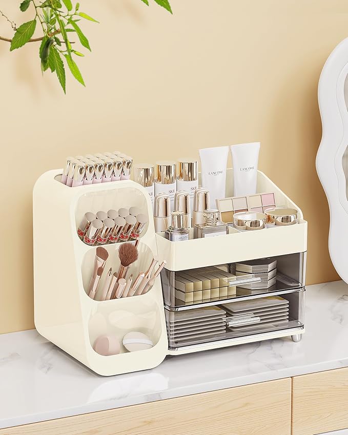 Makeup Organizer with Drawers, Skincare Organizer (Large Size Thick), Storage Box Cosmetic Display Cases, Make up Organizers for Vanity, Dresser, Desk, Kitchen, Countertop (cream)