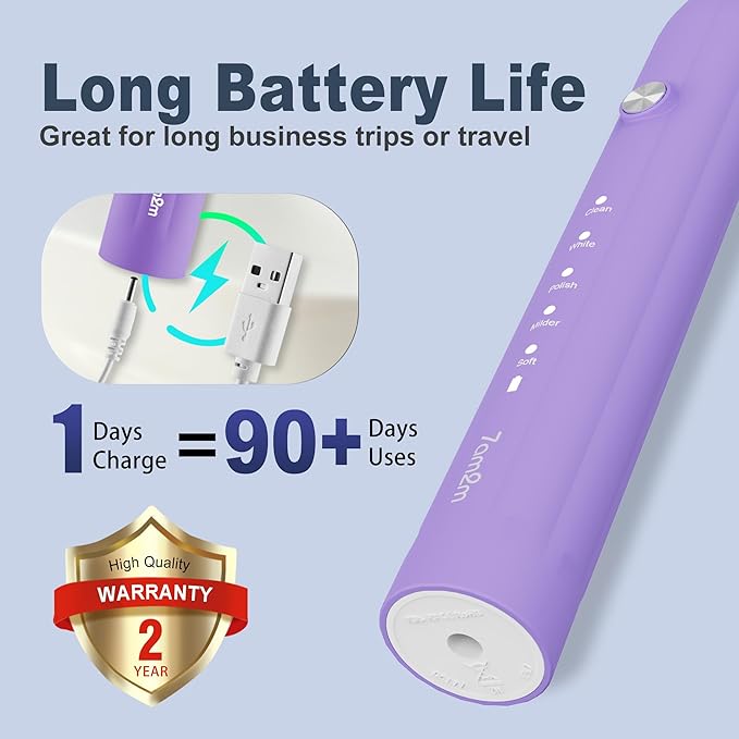 7AM2M Sonic Electric Toothbrush for Adults and Kids, with 8 Brush Heads and Travel Case,5 Modes with 2 Minutes Build in Smart Timer, One Charge Use for 90 Days, Rechargeable Toothbrushes (Purple)