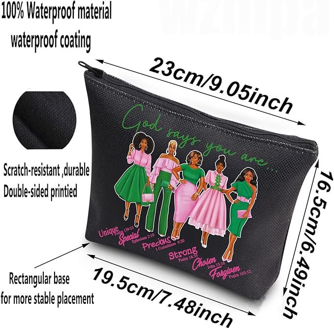 WZMPA Sorority Sisters Cosmetic Makeup Bag Pink and Green Gift God Says You Are Sorority Makeup Zipper Pouch Bag Greek Sorority Paraphernalia (God Says AK-BL)