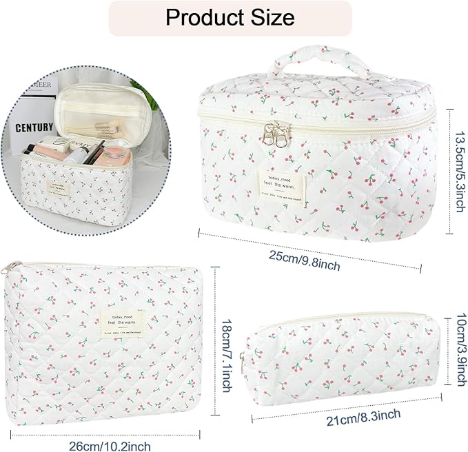 3Pcs Cotton Quilted Makeup Bag for Women Girls, Large Floral Cosmetic Bag Set Cute Makeup Brushes Aesthetic Accessories Storage Bag Flower Travel Toiletry Bag Organizer