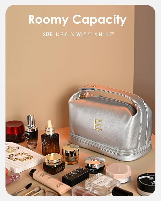 Gifts for Women 20s, Personalized Makeup Bag with Handle, Initial Double Layer Cosmetic Bag with Makeup Brush Organizer, Cute Cosmetic Pouch for Women, Gifts for Friends Female Mom