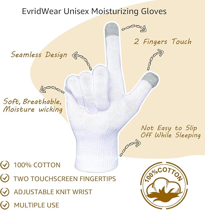 Evridwear Unisex Moisturizing Cotton Gloves with Touchscreen Fingertips for Eczema Beauty Cosmetic Dry Hands Sensitive Irritated Skin Therapy Overnight Bedtime, 6 Pairs, Lightweight-White, S/M