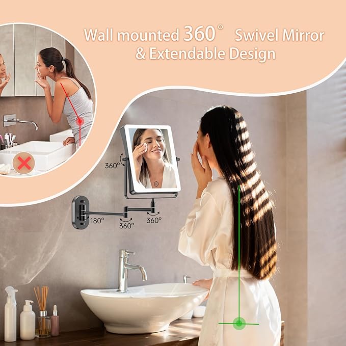 FASCINATE Rechargeable Wall Mounted Makeup Mirror, Bathroom Mirror Rectangle 8.7 Inch Double Sided 1X 10X Magnifying, 3 Color Setting, Extended Arm 360° Swivel Foldable Black