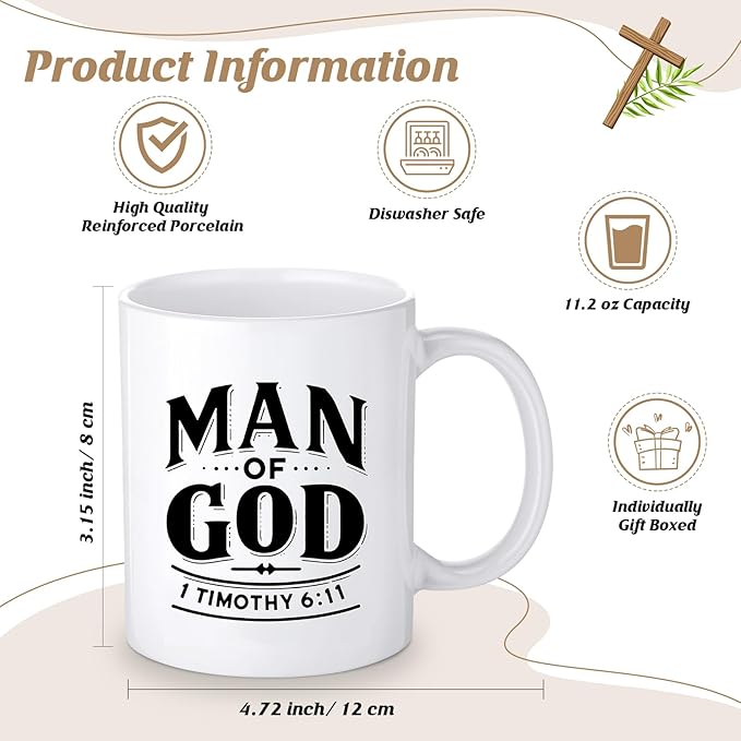 3 Pcs Father's Day Man of God Gifts for Men Christian 11.2oz Inspirational Coffee Mug Religious Bible Verse Leather Toiletry Bag Scripture Keychain for Dad Pastors Church Baptism Souvenir