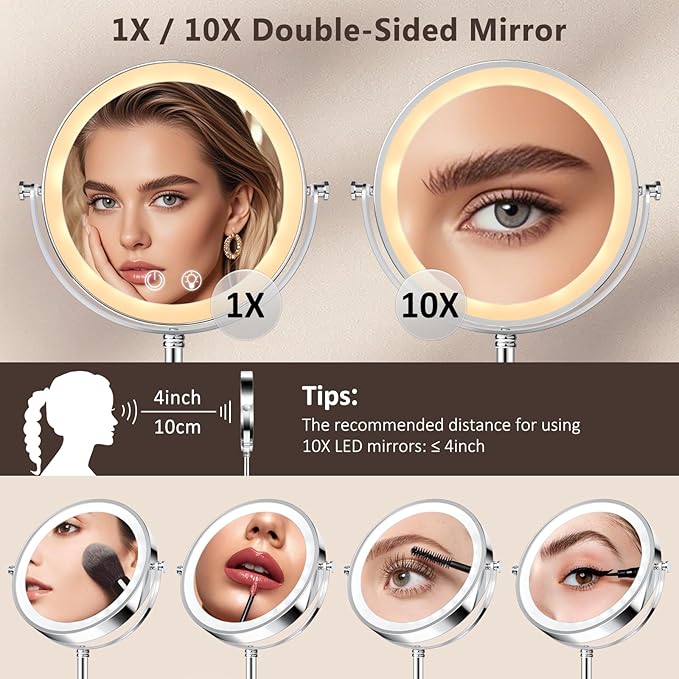 Lighted Makeup Mirror, Brightness Adjustable, 4000 mAh Rechargeable Double Sided Magnifying Mirror 1x/10x with 3 Colors, 360° Rotation Vanity Mirror, Memory Function, Women Gift