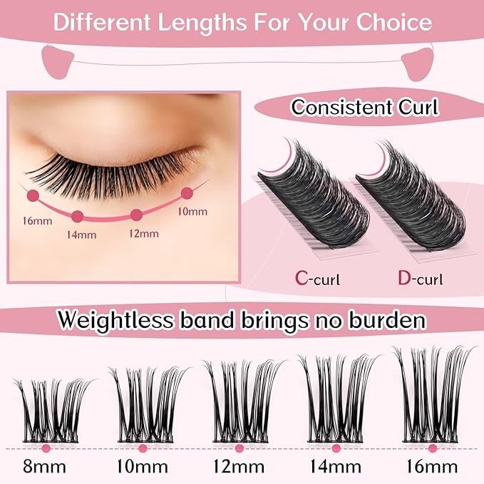 Cluster Lashes, 72 Pcs Individual Lashes, Lash Clusters DIY Eyelash Extension, Super Thin Band Reusable Soft & Comfortable (Ripple-D-16mm)