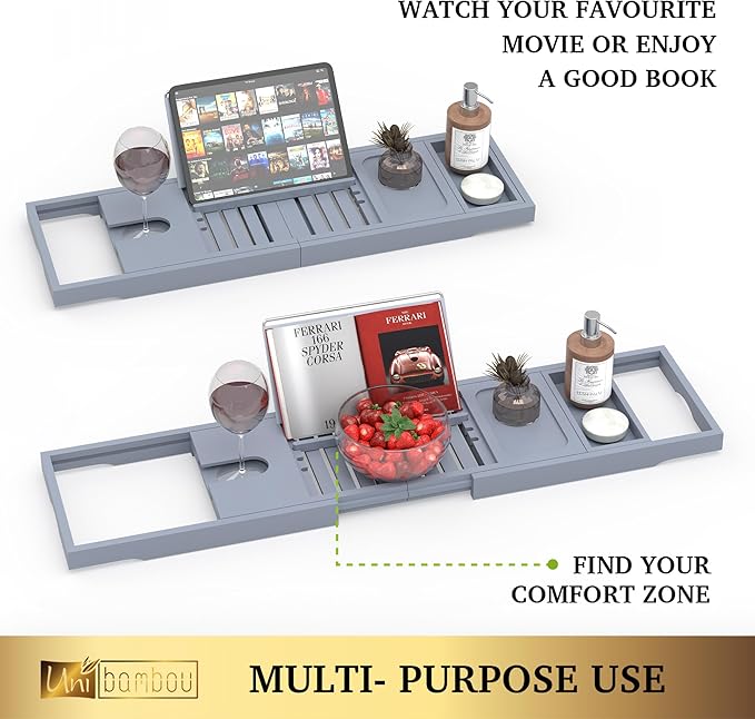 Foldable Bathtub Tray - Expandable Bamboo Bath Caddy Tray for Tub - Luxury Wood Bath Accessories, Perfect Spa Experience for New Home - Unique House Warming Gifts for Mom, Women, Couples