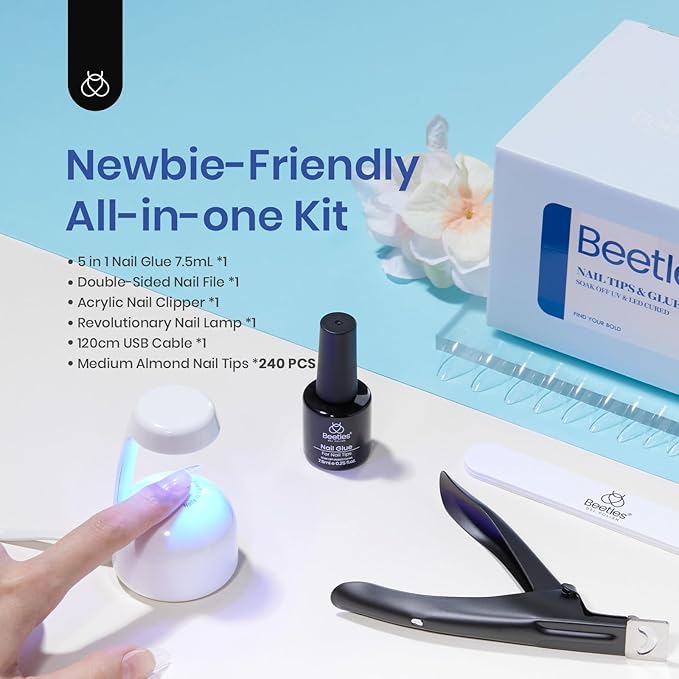 Beetles Gel Nail Kit Almond Nail Tips Easy Nail Extension Set 5 In 1 Nail Glue Gel with Pre shaped Medium Almond Nail Tips & UV Nail Lamp Acrylic Nail Clipper DIY Art Gifts for Her