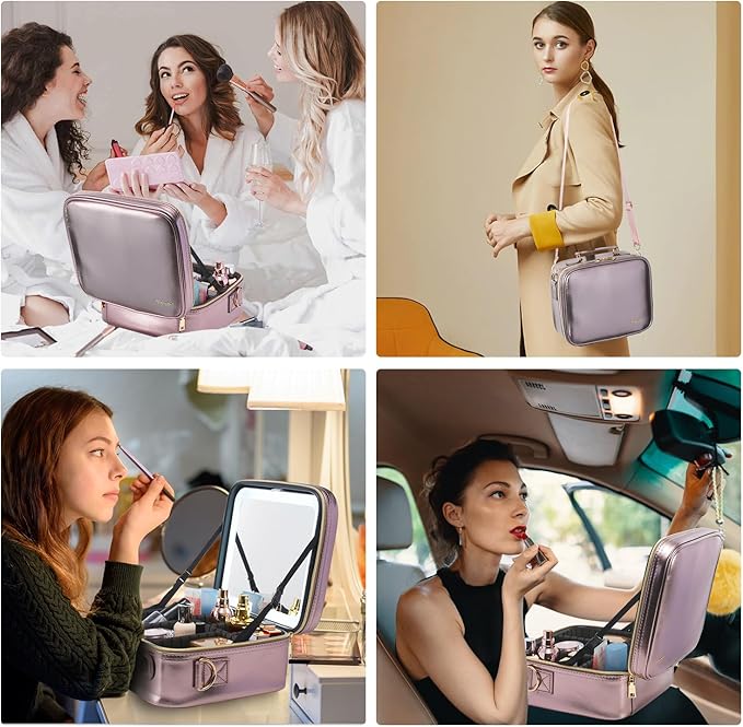 Mocado Travel Makeup Bag with LED Lighted Mirror, Travel Makeup Organizer, Makeup Case with 3 Color Lighted Setting and 10x Magnifying Mirror, Portable Storage and Adjustable Dividers (Champagne)