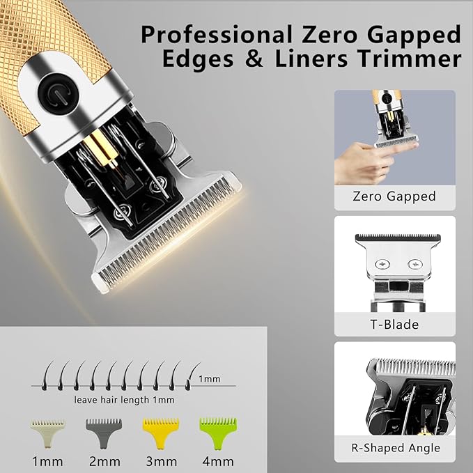 Professional Hair Clippers for Men, Electric Cordless Clippers and Trimmers Set, Nose Hair Beard Trimmer, Hair Cutting Barber Clippers with Guards, T Liners Edgers Clippers for Mens (Gold)