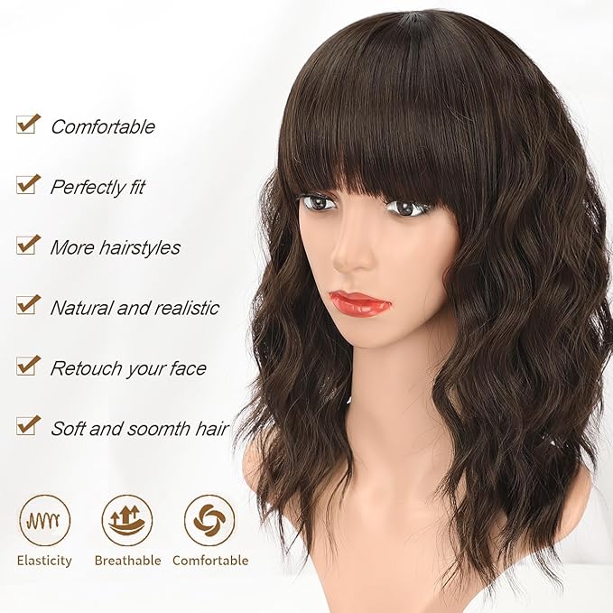 AISI HAIR Natural Brown Synthetic Curly Wavy Bob Wig with Bangs for Women, 21-23 Inches