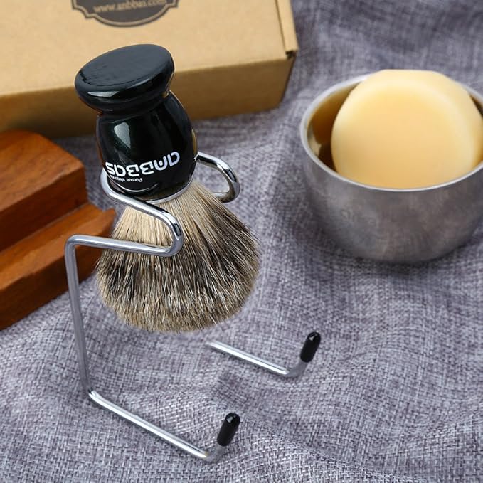 Anbbas Pure Badger Bristles Shaving Brush Black Wood Handle and Refill Soap Bar 100g,Stainless Steel Shaving Stand and Soap Cup Kit Perfect for Men