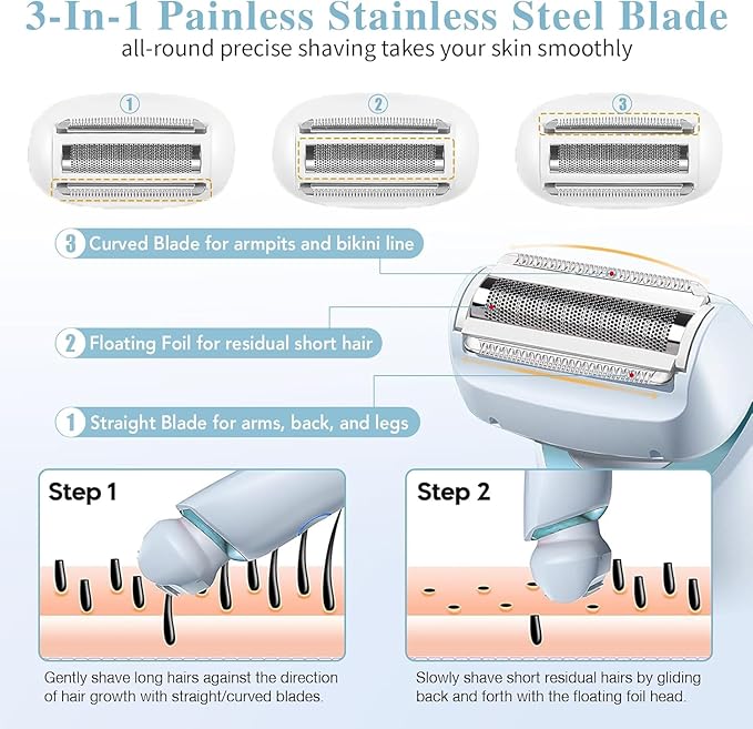Electric Razors Shaver for Women, 2-in-1 Womens Electric Razor for Leg Arm Face, Cordless Bikini Trimmer Hair Removal for Women with Detachable Head, Painless,IPX7 Waterproof,Wet & Dry,Ocean Blue