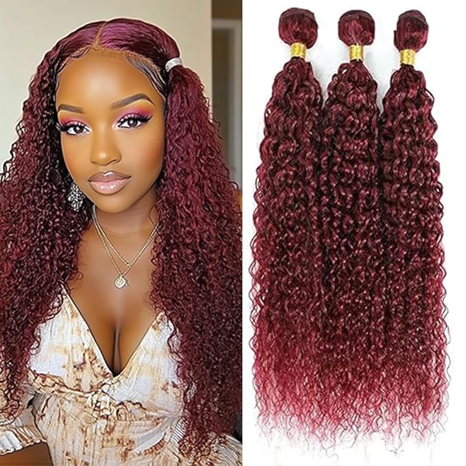 Color 99j Curly Hair Bundles Human Hair Burgundy Kinky Curly Bundles 8a Grade Double Weft Brazilian Human Hair Soft and Silky for Black Women 10 12 14 Inch