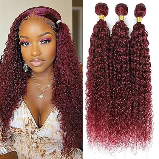 Color 99j Curly Hair Bundles Human Hair Burgundy Kinky Curly Bundles 8a Grade Double Weft Brazilian Human Hair Soft and Silky for Black Women 10 12 14 Inch