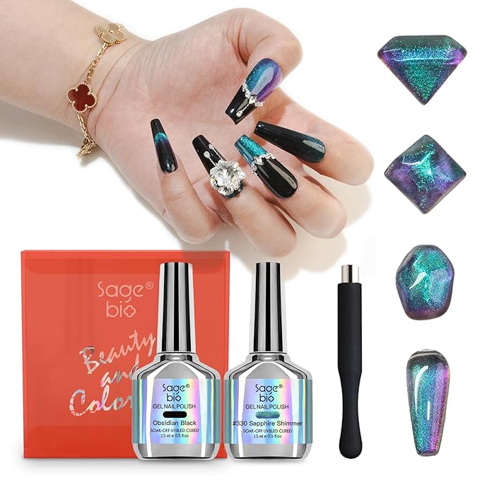 9D Cat Eye Gel Nail Polish Set, 15ml Black Gel + 15ml Sapphire Shimmer Cat Eye Gel, Includes Silicone Handle Cylinder Magnetic Stick for Mesmerizing 9D Effects