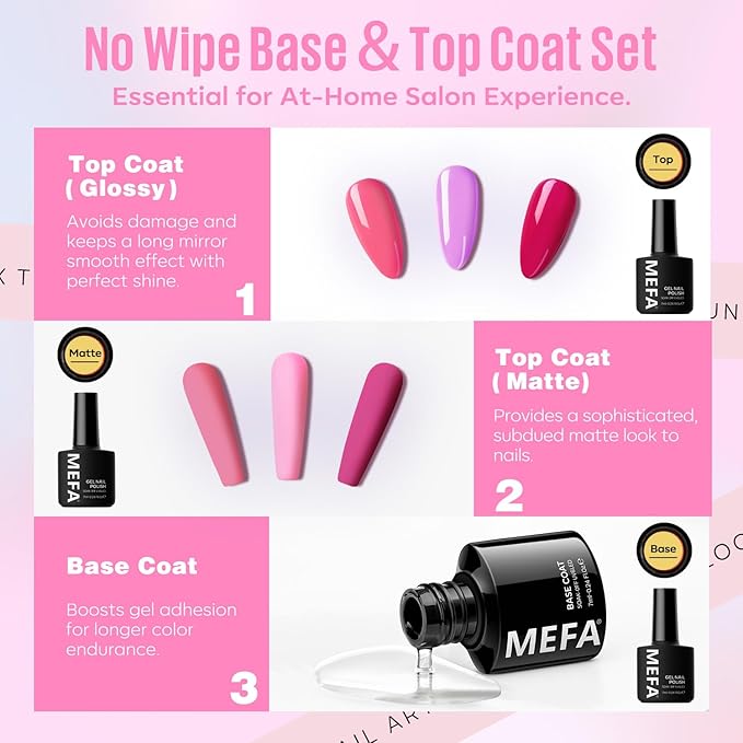MEFA 32 Colors Gel Nail Polish Kit with U V Light, Spring Bright Pastel 54Pcs Pink Gel Polish Nail Set with Matte/Glossy Base Top Coat Essential Manicure Tools Nails Art Decorations Women Gifts