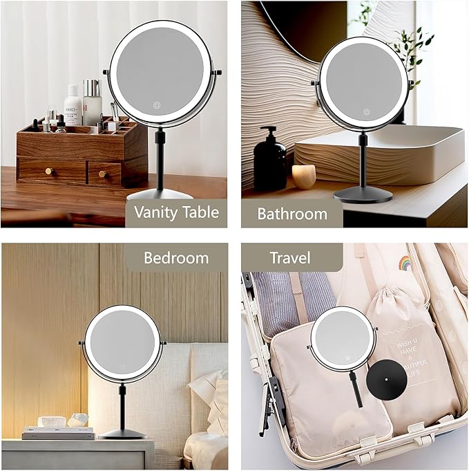 8" Lighted Makeup Mirror, 1X/10X Magnification Mirror with Light, Double Sided Dimmable Mirror, Rechargeable & Brightness & Height Adjustable, Cordless Vanity Mirror(Matte Black)