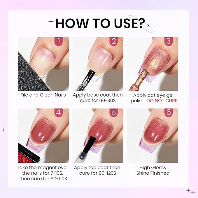 Cat Eye Gel Nail Polish Set, 12 Colors Magnetic Cateye Gel Polish with Magnet Holographic Gold Glitter Pink Purple Blue Summer Color Cat Eye Effect Soak Off Lamp for DIY Salon Manicure at Home