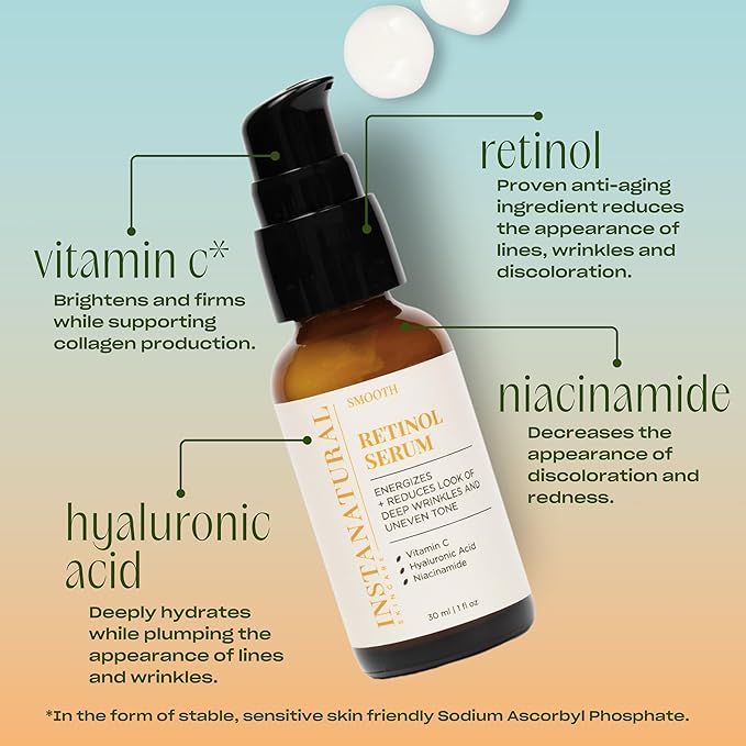 InstaNatural Retinol Serum for Face with Niacinamide, Vitamin C, and Hyaluronic Acid, Anti Aging for Firmer Skin, Lines & Wrinkles & Brightening Serum