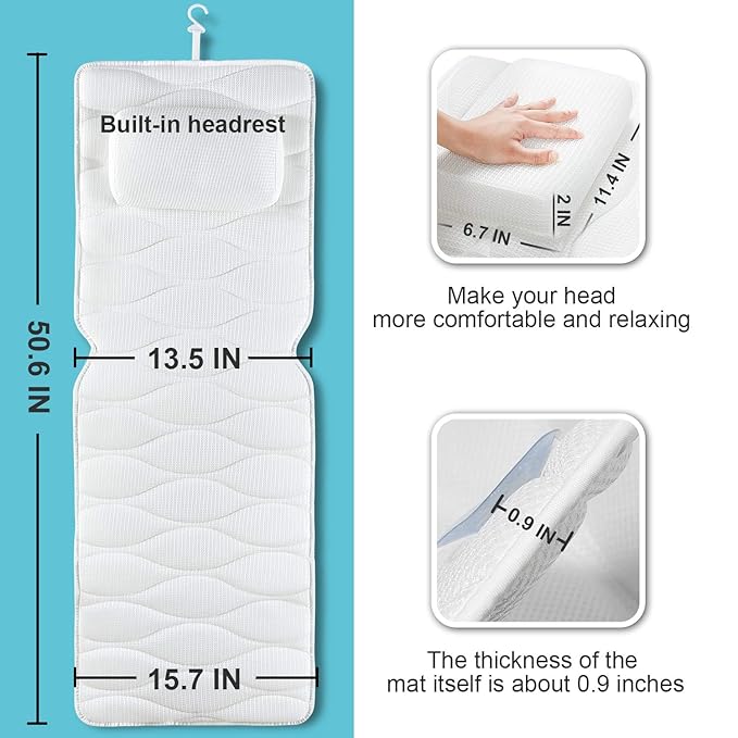 Full Body Bath Pillow, Bath Pillows for tub with Mesh Washing Bag & 21 Non-Slip Suction Cups, Spa Bathtub Pillow for Head Neck Shoulder and Back Support - 5D Air Mesh & Quick Drying