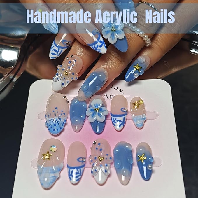 Handmade Acrylic Press On Nails Almond, 3D Press On Nails Medium, Ocean 3D Blue Nails French Tip Flower Bubble Preal For Women Gift, Reusable Stick On Fake Nails Kit With Nail Glue (Ocean Bloom-S)