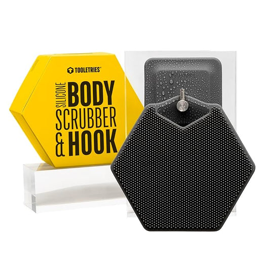 Tooletries - Body Scrubber & Hook - Premium Silicone Scrub for Cleaning, Exfoliating and Invigorating Your Skin - Shower Accessories - Durable & Long Lasting Body Wash Scrubber for Men