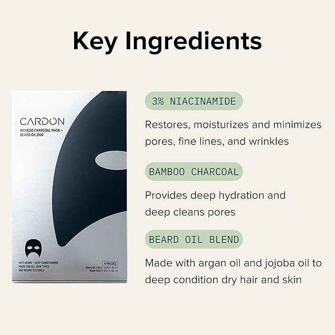 Cardon Face Mask for Bearded Men | Korean Sheet Mask for Men | Bamboo Charcoal Facial Mask and Beard Oil | 4-Pack