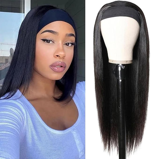 Aiterina Headband Wig Human Hair Straight Headband Half Wigs Human Hair for Black Women Glueless Human Hair Wigs None Lace Front Wigs 150% Density Natural Color Wear and Go Wig 12 Inch