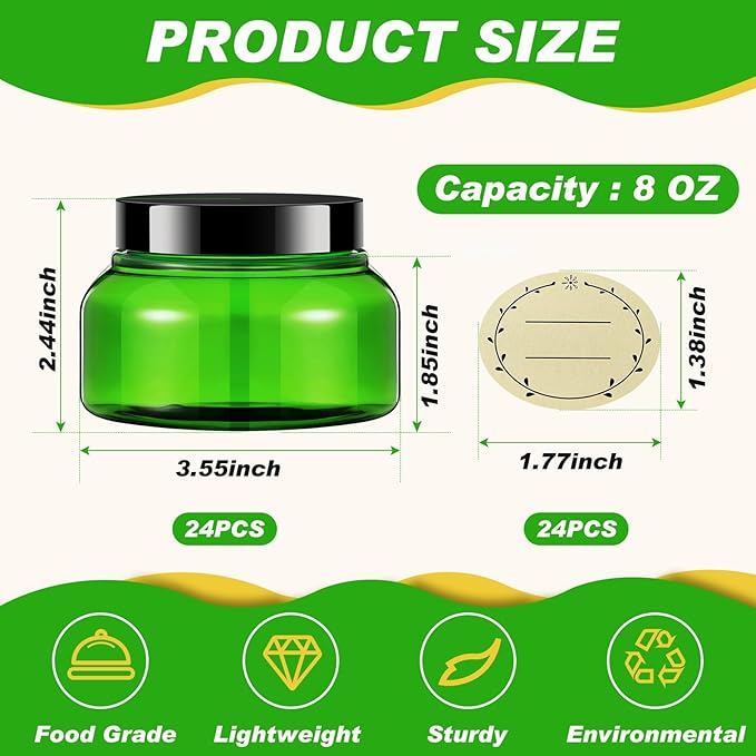 Tessco 24 Pack Plastic Jars with Lids Labels Empty Clear Plastic Jars Round Refillable Cosmetic Containers Body Butter Containers Bulk Sugar Scrub Bottle for Make Up(8 oz,Green, Black)