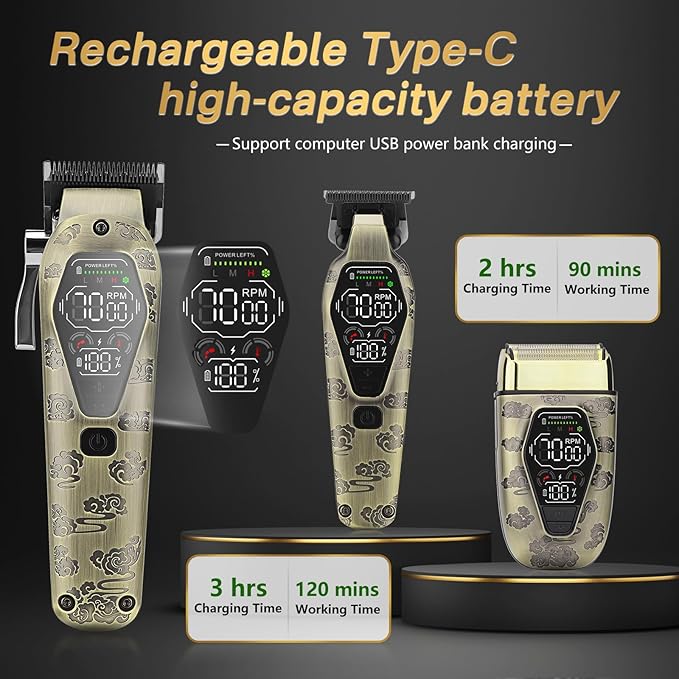 Professional Hair Clippers for Men,3 in 1 T-Blade Barber Clippers and Trimmer Set,Mens Cordless Hair Clippers for Hair Cutting Kit,Trimmers for Barbers, Beard Trimmer for Men