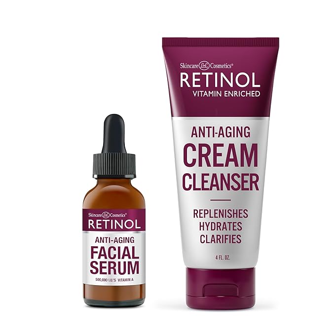 Retinol Anti-Wrinkle Facial Serum – Vitamin-Enriched, Smoothes Fine Lines & Wrinkles + Retinol Anti-Aging Cream Cleanser – Daily Deep Cleansing Facial Wash Exfoliates & Moisturizes.