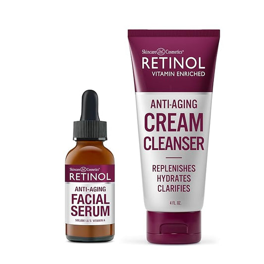 Retinol Anti-Wrinkle Facial Serum – Vitamin-Enriched, Smoothes Fine Lines & Wrinkles + Retinol Anti-Aging Cream Cleanser – Daily Deep Cleansing Facial Wash Exfoliates & Moisturizes.