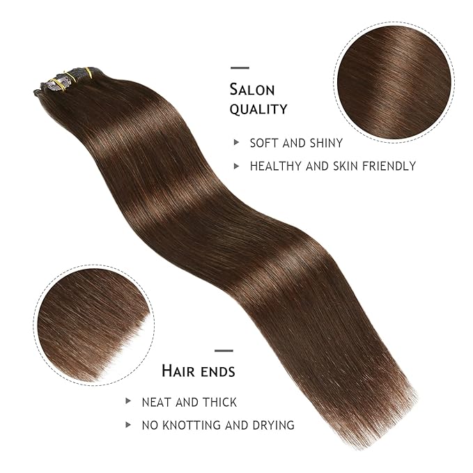 YILITE Hair Extensions Clip in 100% Real Human Hair 8Pcs/Pack 120g Chocolate Brown Thick Silky Straight Remy Human Hair Extensions Clip in Double Weft (18inches #4 Medium Brown）