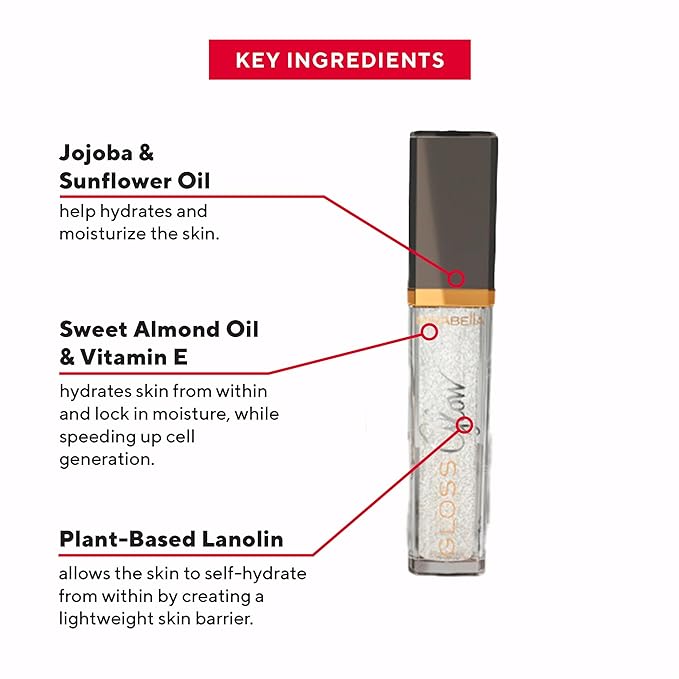 Mirabella Glow Light-Up Clear Shimmer Lip Gloss - LED Applicator with Mirror - Hydrating & Ultra-Moisturizing Formula with Jojoba Oil, Sweet Almond Oil & Vitamin E - .30 Fl Oz / 9ml