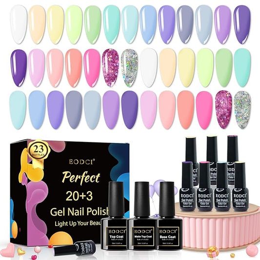 Gel Polish Nail Set 20 Colors with 3Pcs Glossy & Matte Top Coat and Base Coat, Light Purple Yellow Blue Sparkle Glitters Colorful Gel Polish Set For Valentine's Gifts