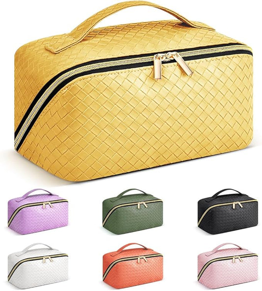 Travel Makeup Bag: Large Capacity Cosmetic Bag for Women, Portable PU Leather Waterproof Stuff Bag With Handle and Divider Flat Lay Makeup Pouch Toiletry Bag Birthday Gift for Women - Yellow