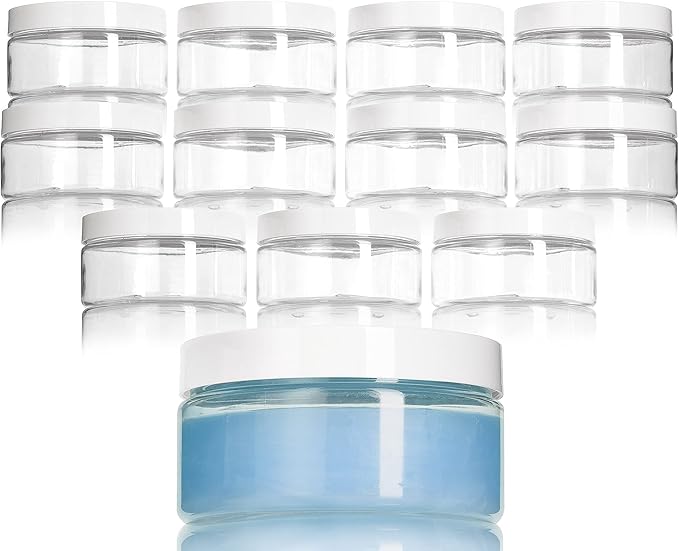 JUVITUS 8 oz Clear PET Plastic Low Profile Jar with White Smooth Lids (12 Pack) BPA Free Large Refillable Empty Storage Containers