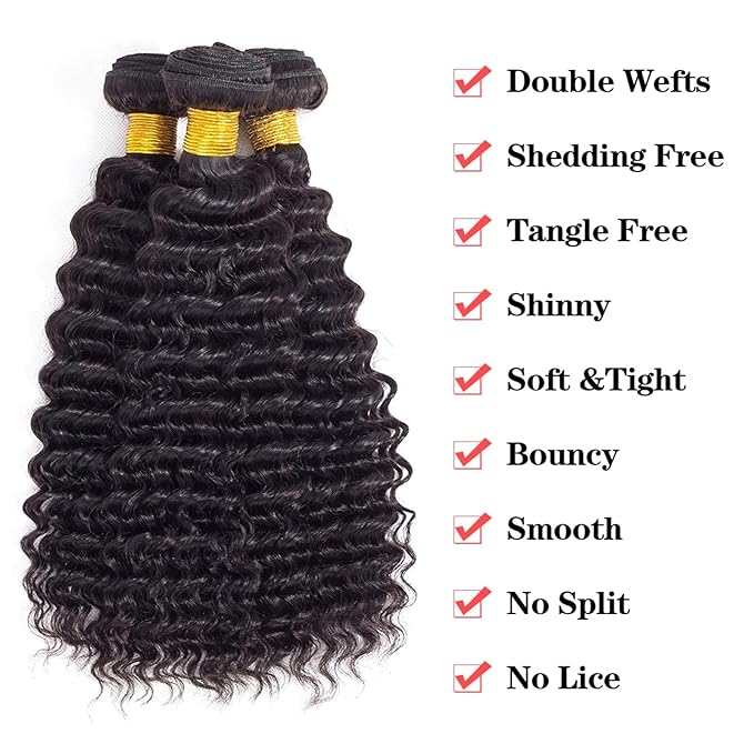 12A Human Hair 3 Bundles with 5x5 HD Lace Closure (16 18 20 +16) 100% Unprocessed Brazilian Virgin Remy Hair Deep Wave Human Hair Bundles with Closure Natural Color