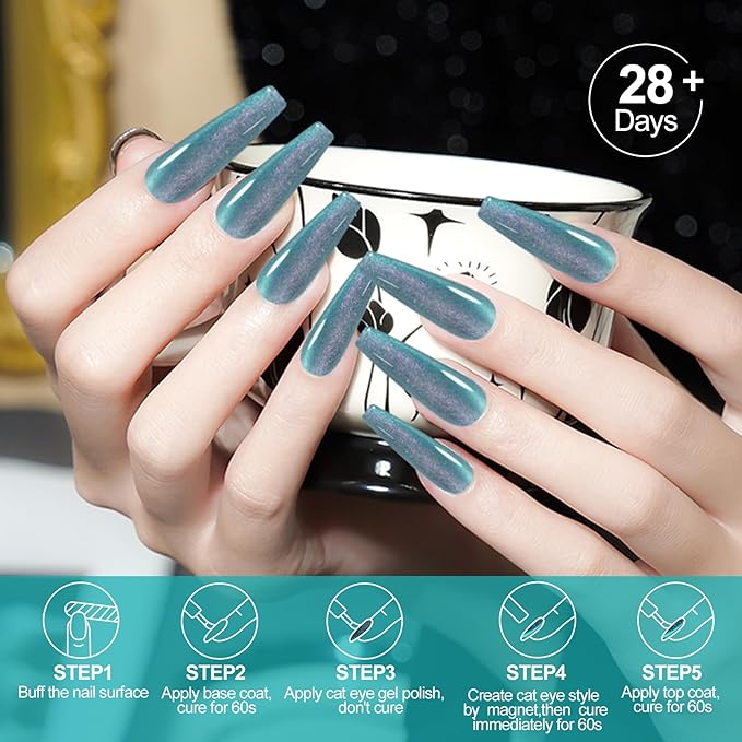 Adhere 7Pcs 12ML Cat Eye Soak Off UV LED Gel Nail Polish, Reflective Glitter Cat Eye, Sparkling Diamond Magnetic Flash Color with Magnet